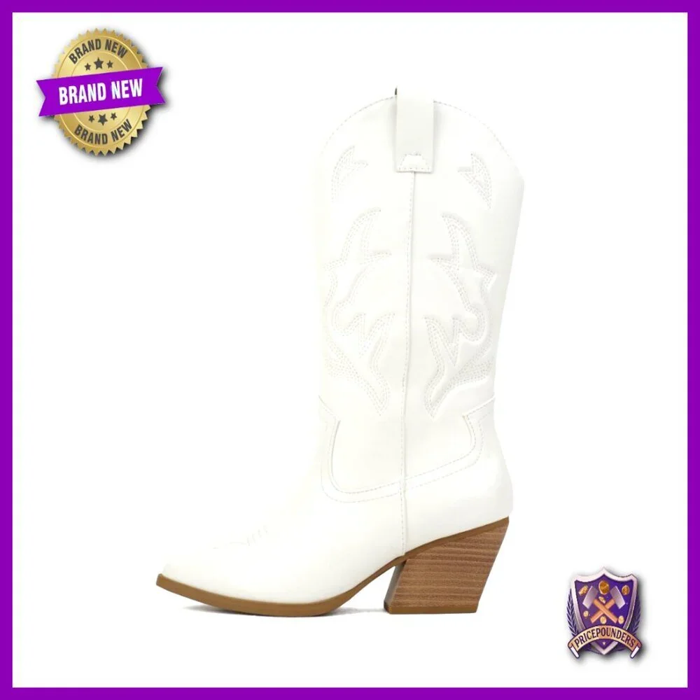 Western Cowgirl Ankle Boots Stitched Pointe Toe Low Heel Mid Calf Fashion